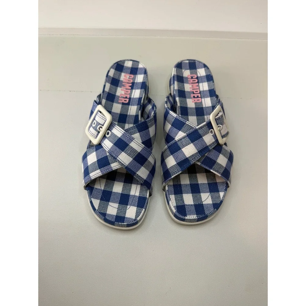 Camper Atonik Gingham Slide‎ Sandals Blue White Runs Small EU 37 US 7 NEW